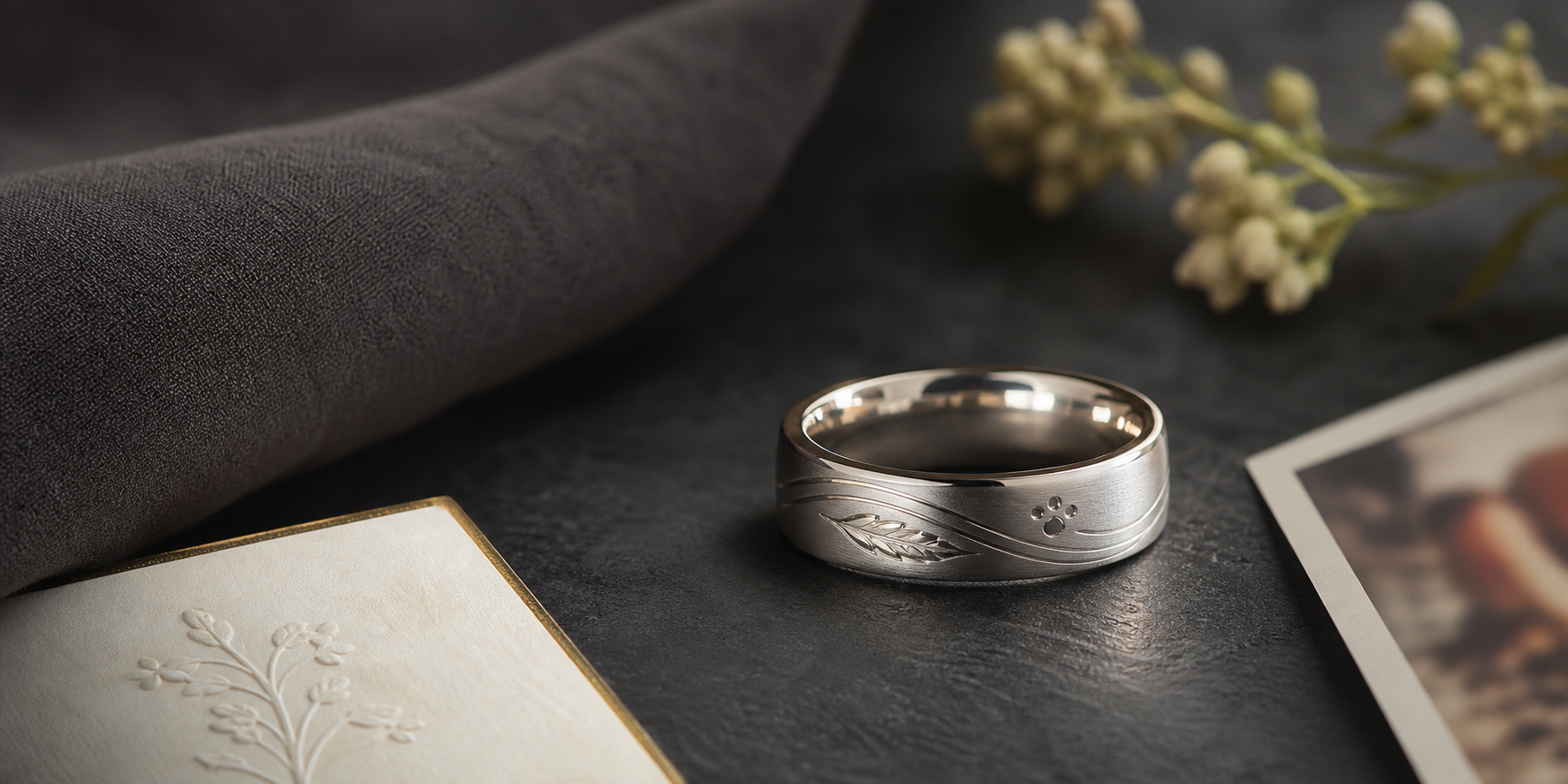 Custom Memorial Ring product photo with a silver memorial ring and remembrance keepsakes