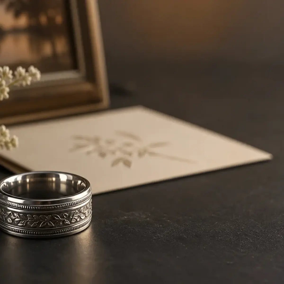 Memorial anniversary ring with a clean date-led composition and subtle silver detail