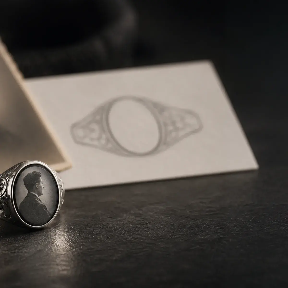 Memorial engraved promise ring with one short vow line and a subtle source element