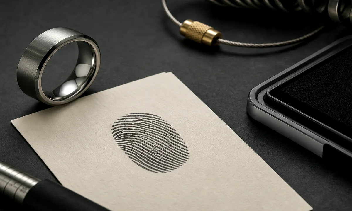 Memorial fingerprint ring photo checklist with a clean print source beside a silver remembrance band