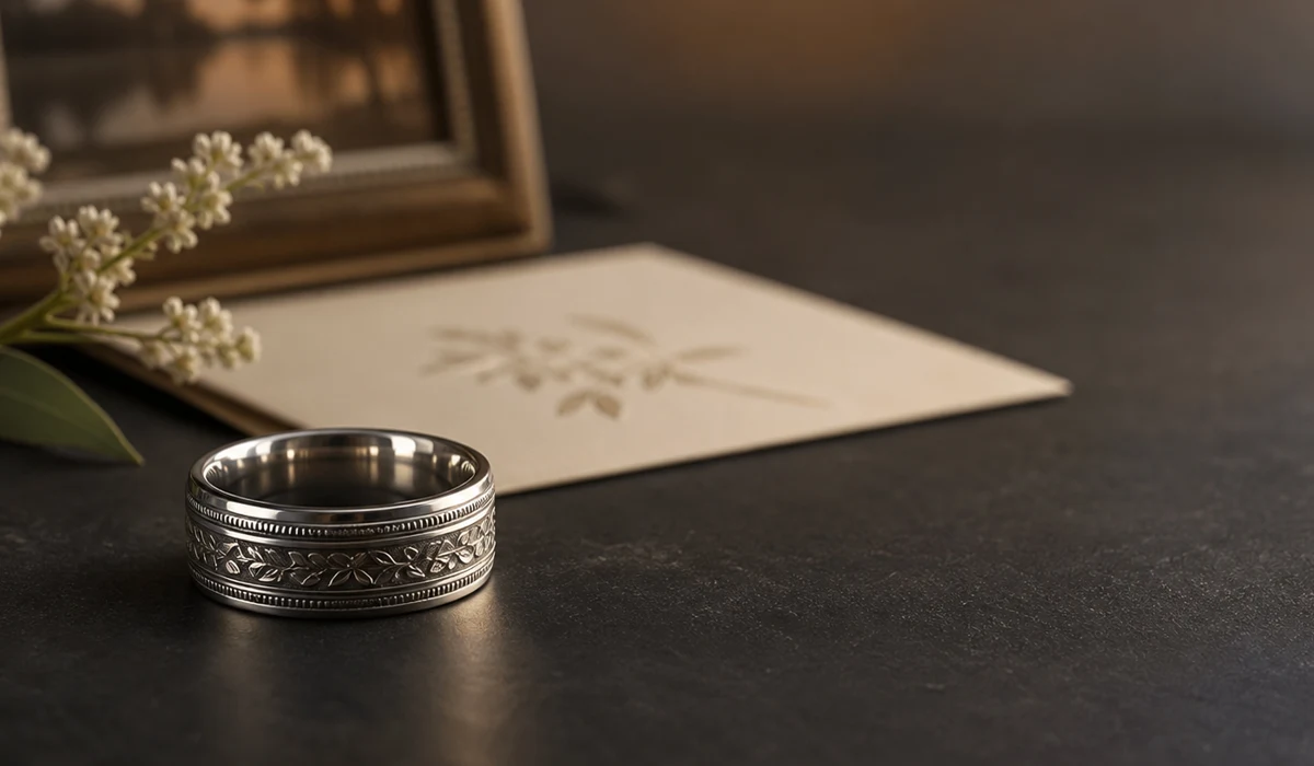 Best friend memorial ring shown with a clean silver band and a quiet tribute to a chosen-family relationship