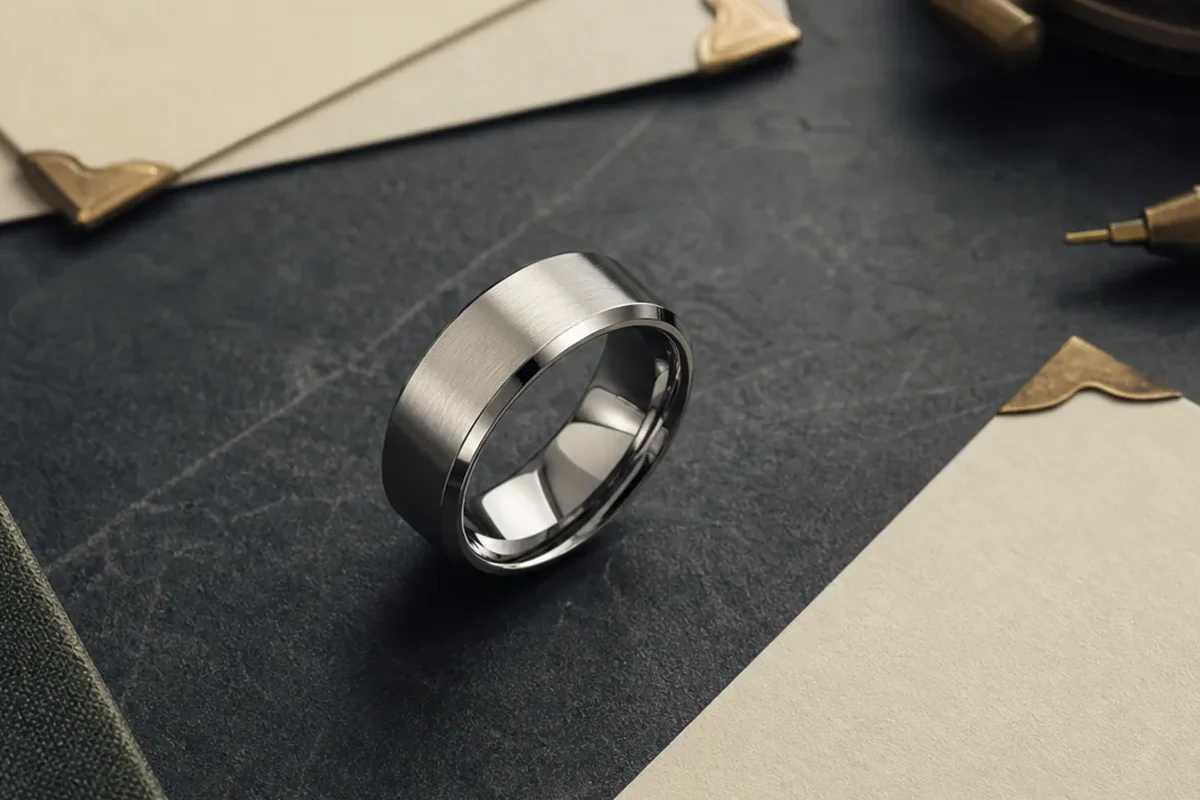 Son memorial ring wording guide with a silver band, handwritten phrase card, and quiet date note